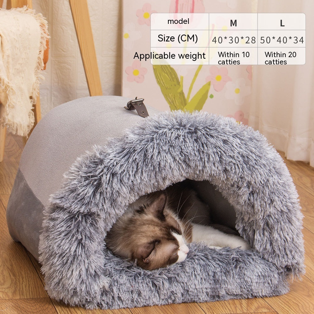Plush Pet Nest Bed — Semi-Enclosed, 6 Styles, M & L