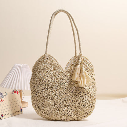 Women's Woven Straw Shoulder Bag – Large Capacity Hollow Tassel Tote in Grandma Plaid
