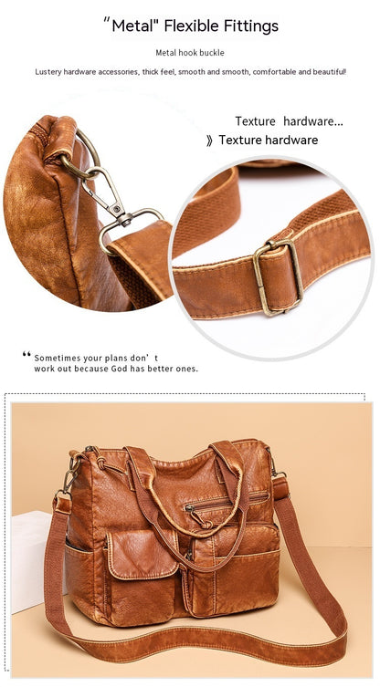 Women's Retro Washed Tote Bag – Soft Vegan-Friendly Imitation Leather Multi-Pocket Shoulder Handbag