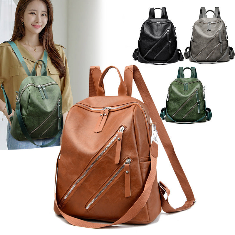 A collage of four backpacks in green, black, gray, and brown colors, displayed in a variety of angles, with a woman modeling one of the backpacks.