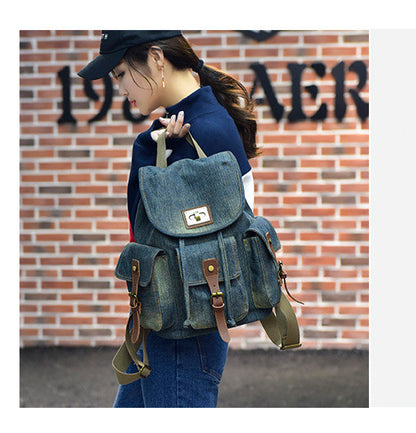 Women's Retro Denim Drawstring Backpack – Casual Shoulder Bag