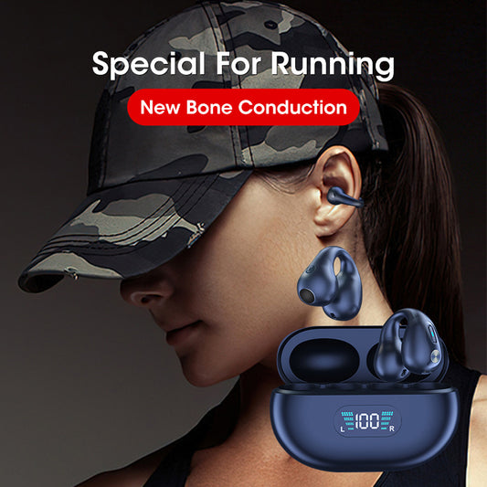 A person wearing a camouflage hat and a pair of blue bone conduction earbuds, with a charging case displayed in the foreground.
