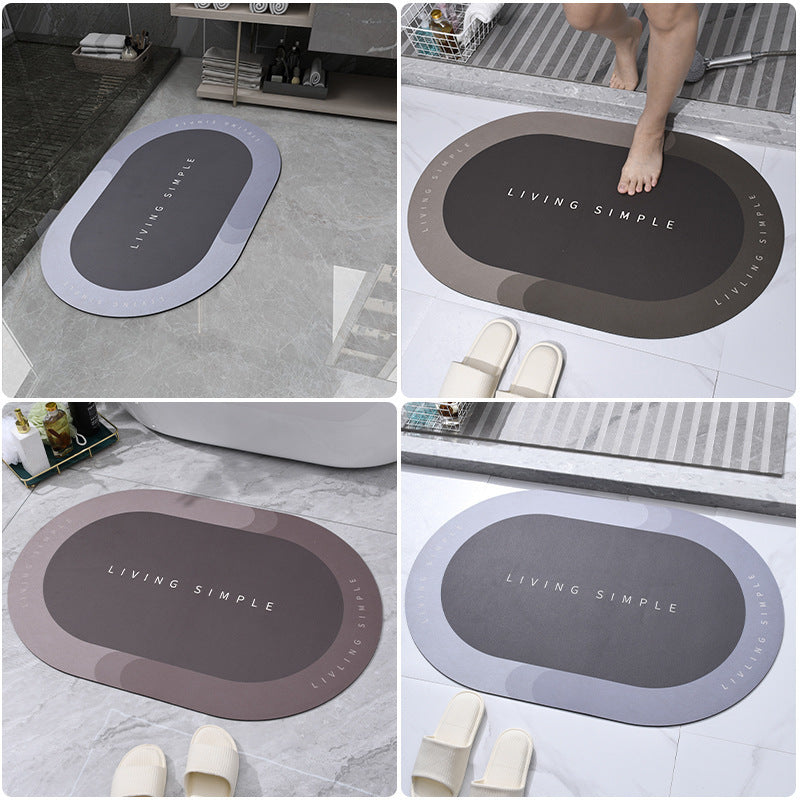 A collage of four images showing an oval-shaped bathroom mat with different colors and textures, placed on a floor with a person's foot visible for scale.