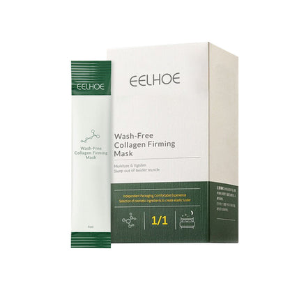 A packaged facial mask product by EELHOE, including a box and individual mask sachet, labeled as 'Wash-Free Collagen Firming Mask'.