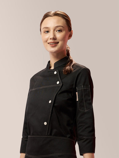 Women's Long Sleeve Chef Blouse – Poly-Cotton Kitchen Uniform Top | Black & White