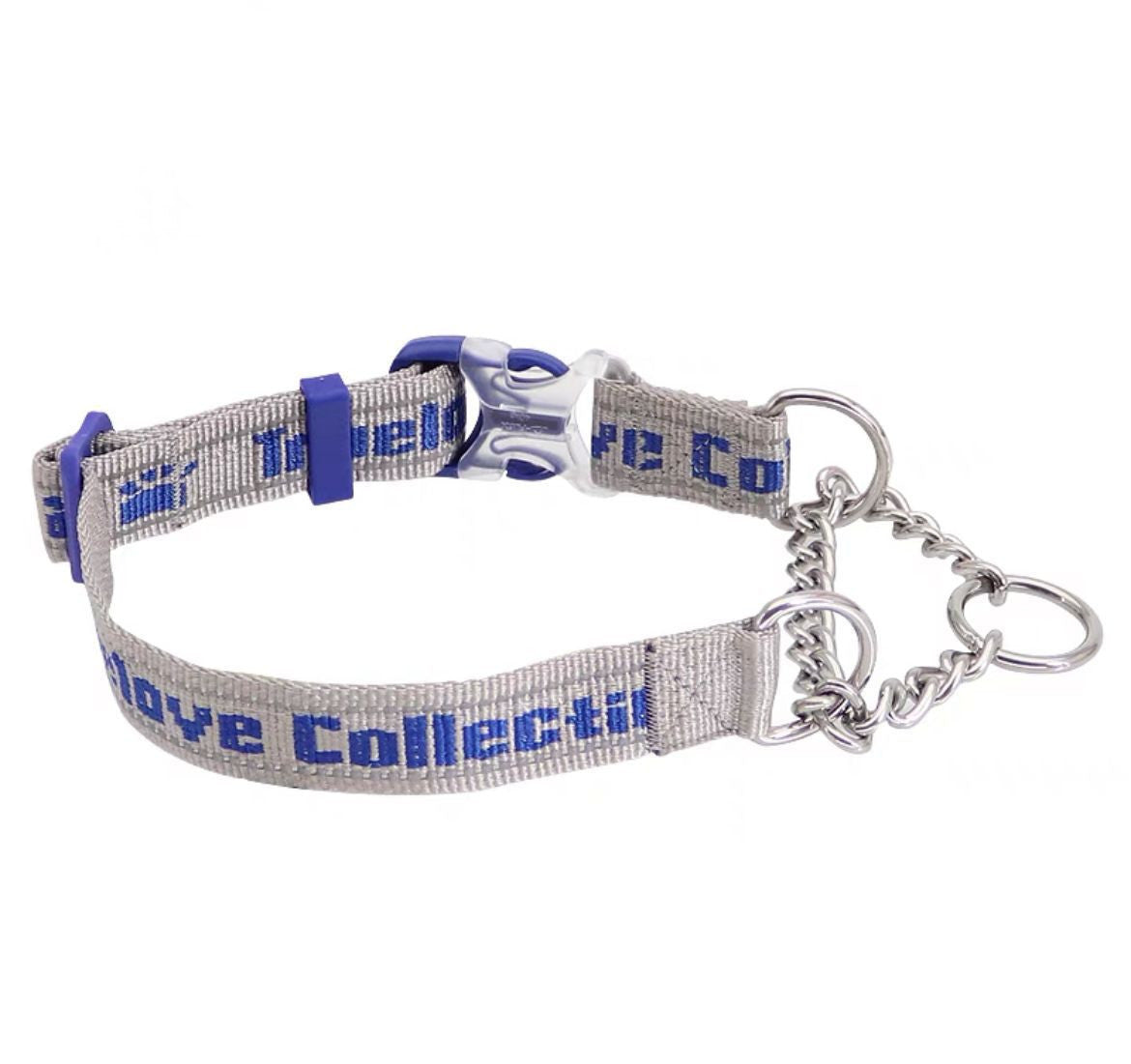 Dog collar with metal chain on white background