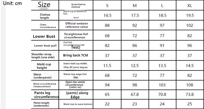 Clothing size chart with measurements in centimeters and inches.